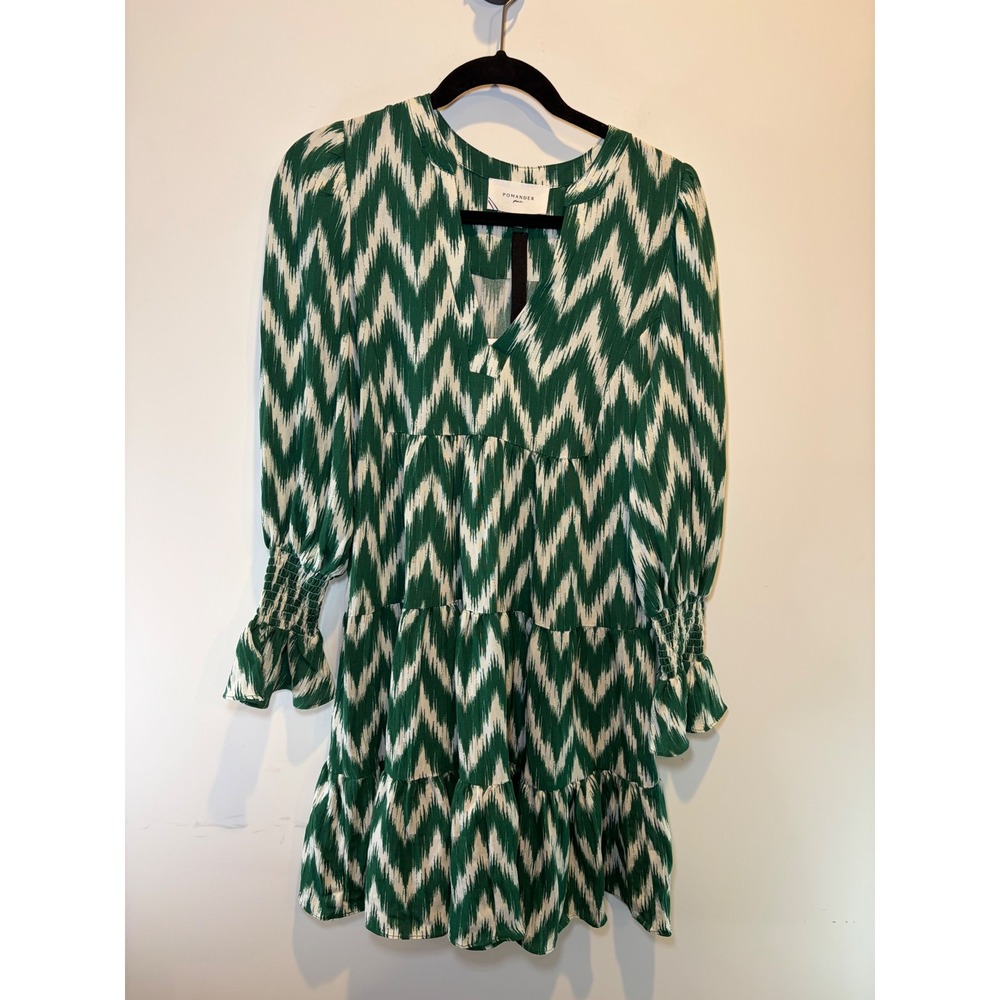 Pomander Place Green White Ikat Chevron Tiered Mini Dress Smocked Cuff XS NEW